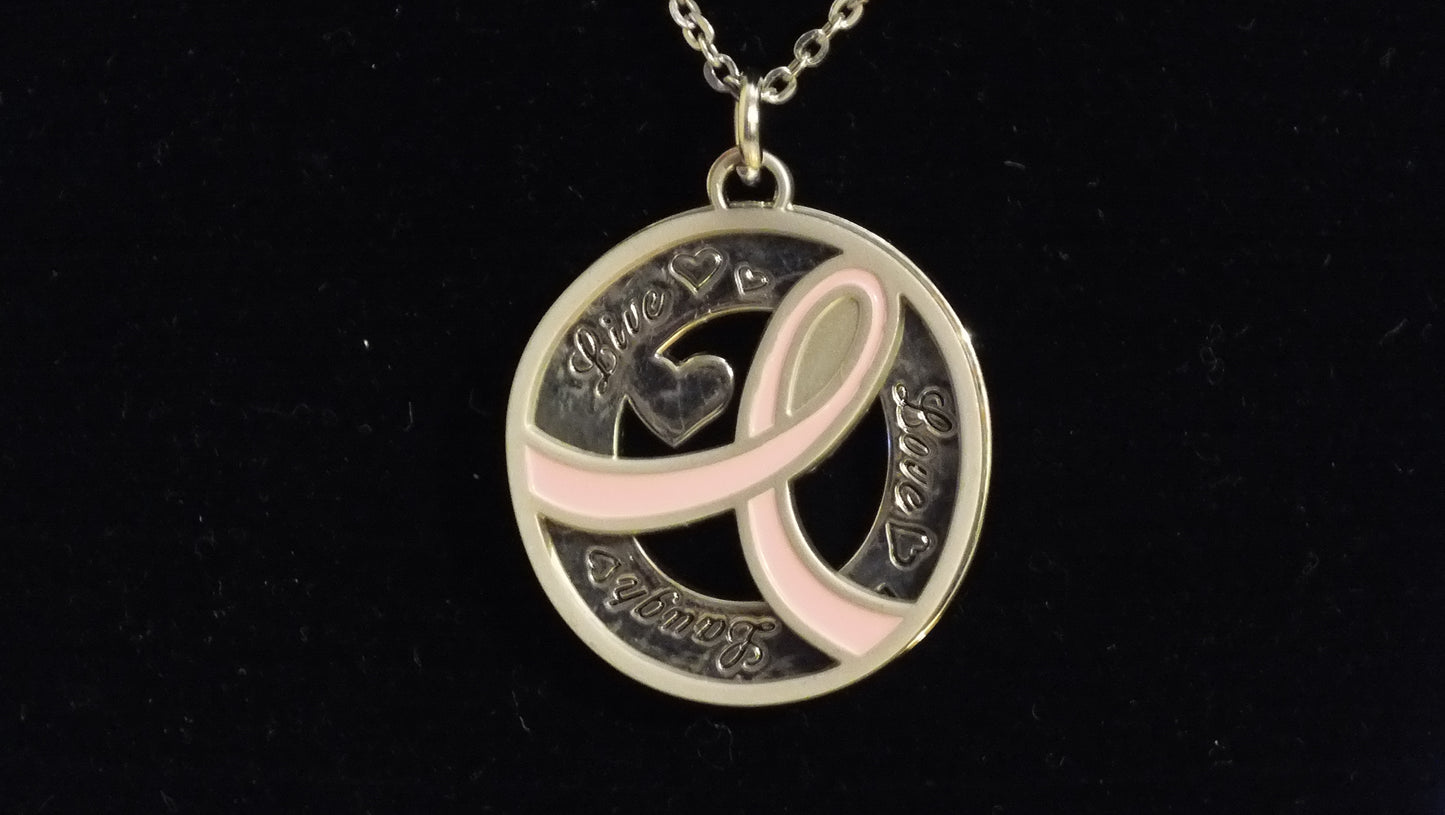 J2400011 - Live, Love Laugh Breast Cancer Ribbon Necklace
