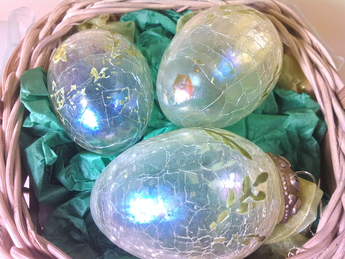 3 Russ Egg Ornaments and Ceramic Chick Basket
