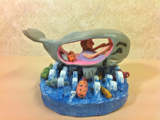 Wood Art by Ray DeBonis: Jona & Whale Wood Carving Small (2022)