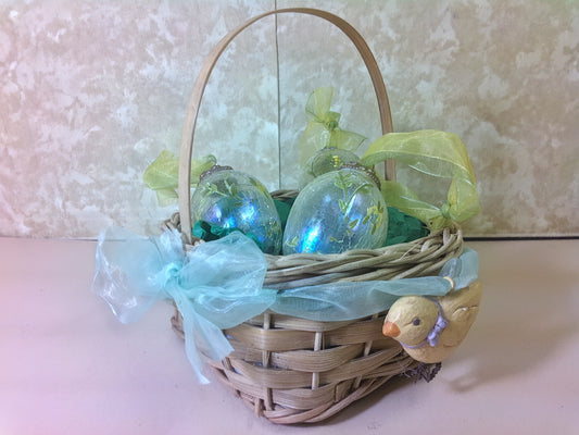 3 Russ Egg Ornaments and Ceramic Chick Basket